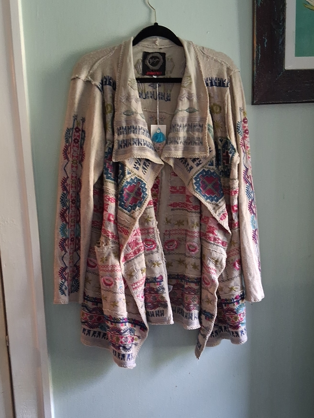 Johnny Was Beige Embroidered Open-Front Cardigan with Multicolor Folk Motifs Nwt